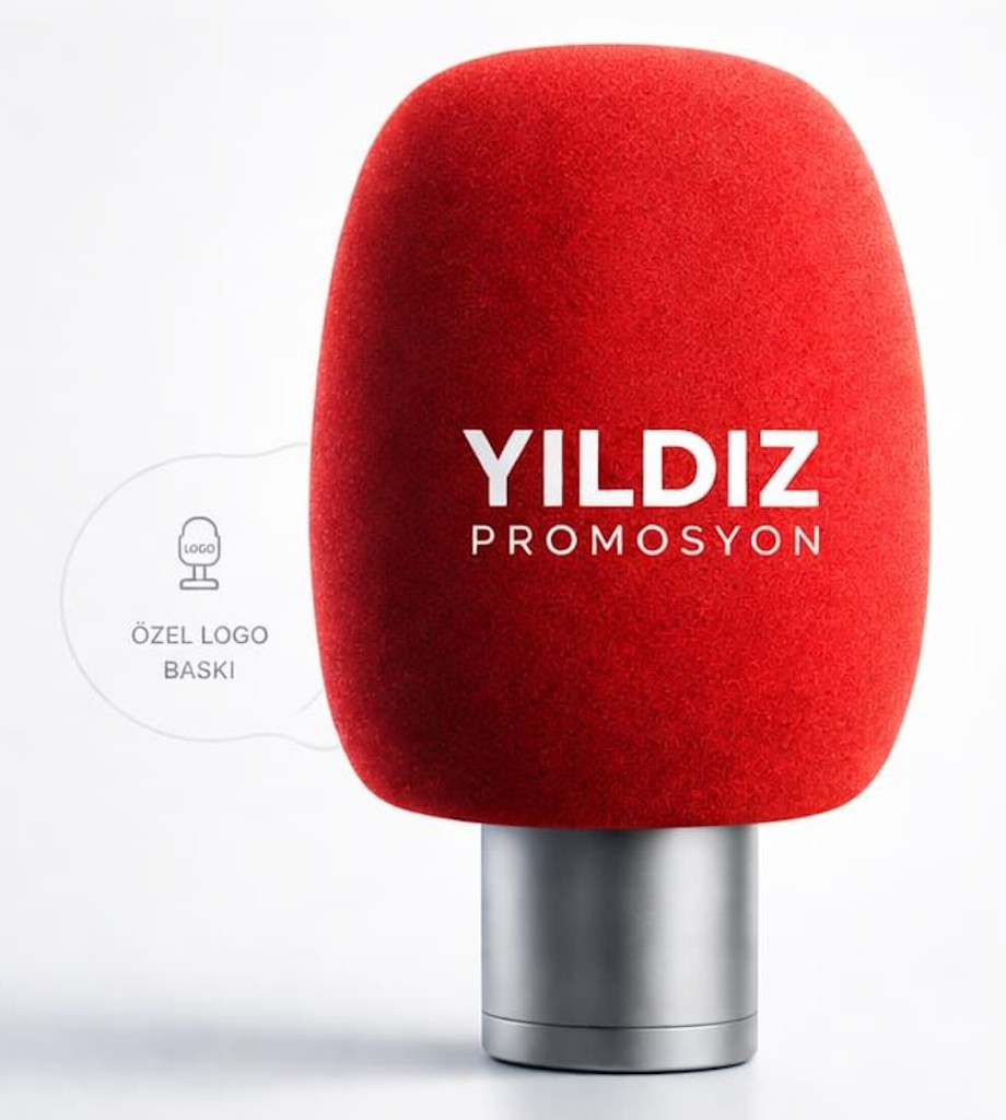 Logo baskılı kırmızı mikrofon süngeri ve özel logo baskı vurgusu; stüdyo görseli